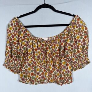 SO Goods For Life Floral Tie Front Crop Top Jr Medium Puff Sleeve Retro 70s Boho
